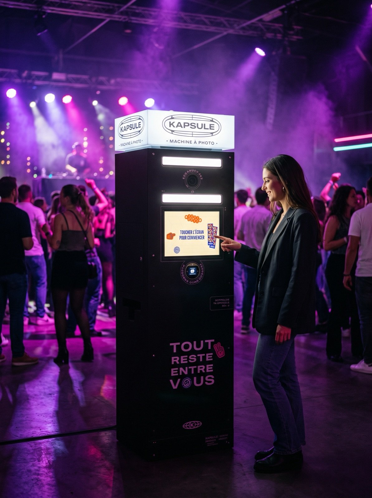 Borne photo Kapsule installée dans un club, une cliente lance une session sur l’écran tactile